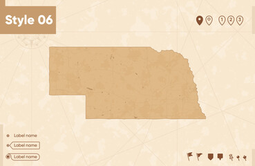 Nebraska, USA - map in vintage style, retro style map, sepia, vintage. Vector map.