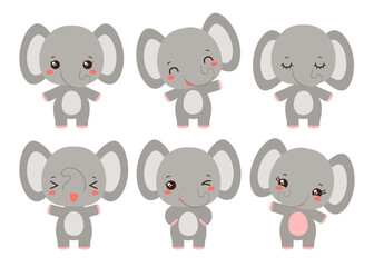 Kawaii elephant showing cheerful facial expressions. Emoticon animal icons. Cute elephant character - calm, happy, laughing, smiling, waving, winking. Baby elephant culg cute mascot chibi style.