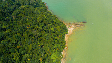 Aerial drone view of shoreline scenery in Pantai Marina Telaga Simpul, Kemaman, Terengganu, Malaysia.