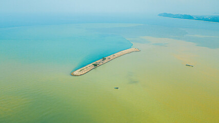 Aerial drone view of a seascape in Pantai Marina Telaga Simpul, Kemaman, Terengganu, Malaysia.