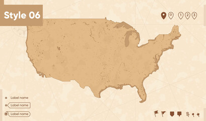 USA, United States Of America - map in vintage style, retro style map, sepia, vintage. Vector map.