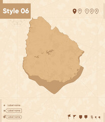 Uruguay - map in vintage style, retro style map, sepia, vintage. Vector map.