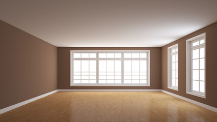 Empty Interior Room with Brown Walls, Glossy Parquet Floor, White Plinth, Three Large Full Wall Windows. 3D Rendering with a Work Path on the Windows. 8K Ultra HD, 7680x4320, 300 dpi