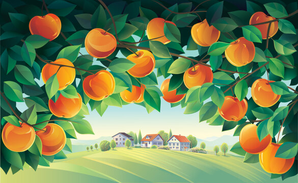 View of the village through the branches of an apple orchard. Vector illustration
