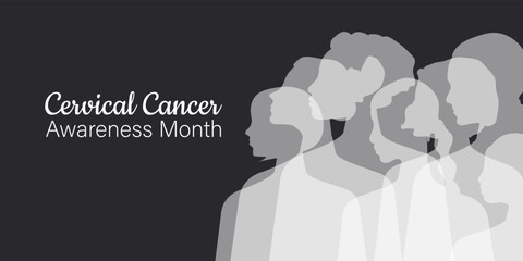 Cervical Cancer Awareness Month. Women of different nationalities and religions together. Horizontal banner. Black and white. Vector.