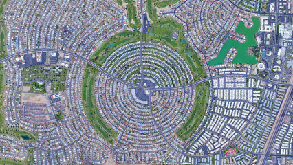 Sun City bird's eye view, a circular shaped suburb of Phoenix, looking down aerial view from above...
