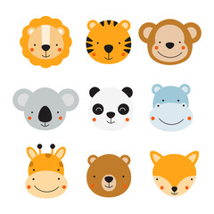 Set with cute animal giraffe, lion, tiger, monkey, fox, panda, bear and monkey on a white background. Vector illustration for printing on fabric, wrapping paper, clothing. Cute baby background