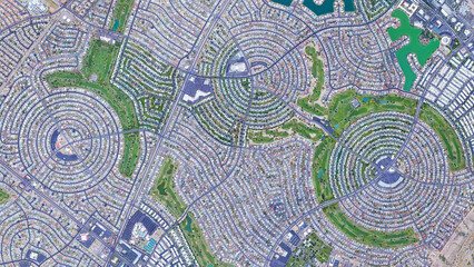Sun City bird's eye view, a circular shaped suburb of Phoenix, looking down aerial view from above...