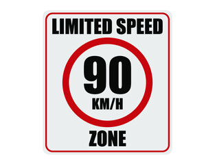 90km per hour limited speed. Zone up to 90km. Traffic sign on white background.