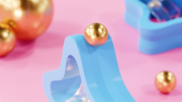 3D Satisfying animation of looped golden ball rolling on modern plastic gear