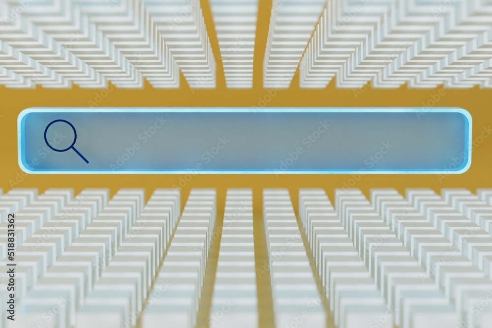 Fototapete abstract background. search bar on a yellow background with patterns of white cubes with a computer mouse hovering over it. modern technologies for searching information on the Internet. 3d render