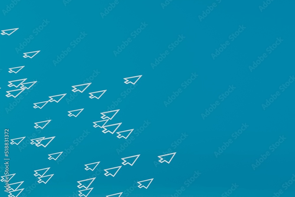 Poster abstract background. patterns of white arrows of a computer mouse flying up on a blue background wit