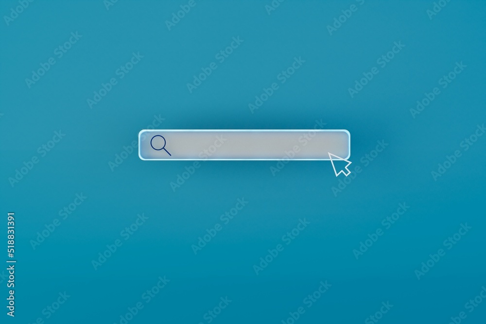 Poster search bar on a blue background with a computer mouse hovering over it. searching for information on