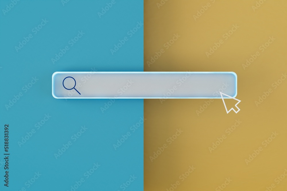 Poster search bar on a blue and yellow background with a computer mouse hovering over it. searching for inf