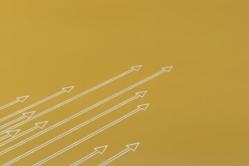 abstract background. white flying upward arrows on a yellow background with a place to place products or text. 3d illustration. 3d render