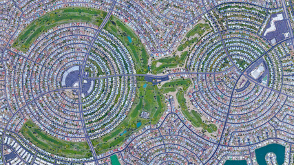 Sun City bird's eye view, a circular shaped suburb of Phoenix, looking down aerial view from above – Arizona, USA - obrazy, fototapety, plakaty