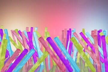 abstract background. many multi-colored tubes of sticks tilted in different directions on top illuminated with multi-colored neon light with space for text at the top. 3d illustration. 3d render