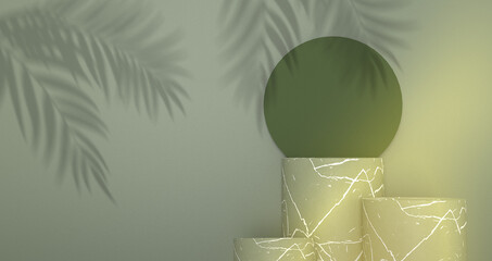 Stone product display podium with nature palm shadow on green background and sunny light. 3D rendering