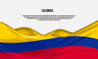 Colombia flag design. Waving Colombian flag made of satin or silk fabric. Vector Illustration.