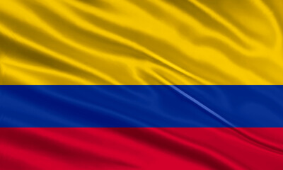 Colombia flag design. Waving Colombian flag made of satin or silk fabric. Vector Illustration.