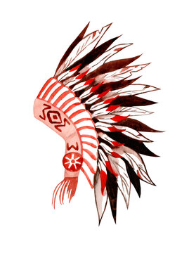 Native American Indian headdress (Indian chief talisman, Indian tribal headdress). Watercolor illustration