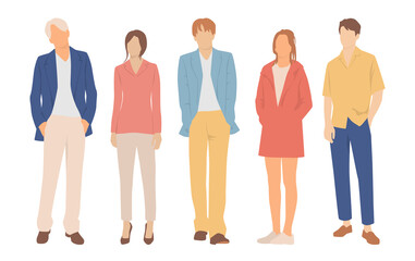  Set of young men and women, different colors, cartoon character, group of silhouettes of standing business people, students, the design concept of flat icon, isolated on white background