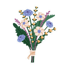 Beautiful bouquet with garden and wild flowers vector flat illustration. Blooming plants with stems and leaves isolated on white. Floral decoration or gift