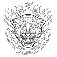 Coloring page with panther head and abstract flames. Antistress coloring book with doodle and zentangle elements. Jungle animals. Black and white vector illustration.