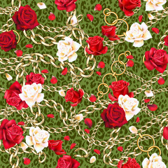 gold decor on green leopard seamless