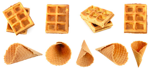 Collection of waffles and waffle cones for ice cream isolated on white