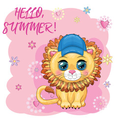 Cartoon lion boy in blue cap with beautiful eyes, childrens card