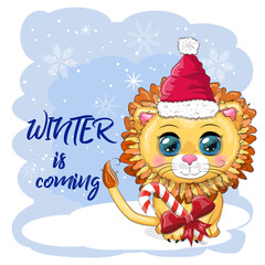 Wonderful cute cartoon lion cub with a gift
