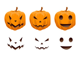 A set of scary and funny pumpkins for Halloween. Pumpkins and faces for the holiday. Vector illustration.