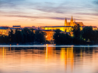 Fototapeta premium Beautiful aerial view with the Prague Castle at sunset. Long exposure photography