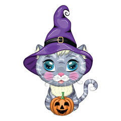 Cartoon cat in purple witch hat with broom, pumpkin, potion. Halloween character, poster. symbol of 2023