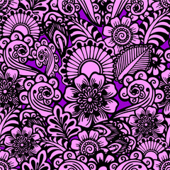 seamless black graphic pattern on a purple background, oriental motifs, texture, design