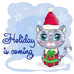 Cute cartoon cat in a Santa hat on a background of snow. Winter 2023, Christmas and Chinese New Year.