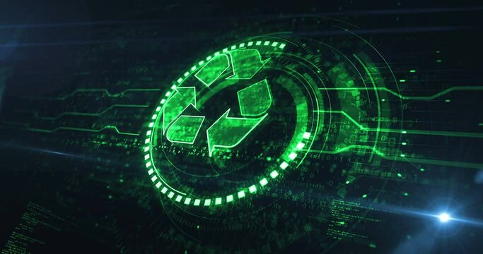 Recycling icon, waste data management and sustainable industry symbol digital concept. Network, cyber technology and computer background abstract 3d animation. Seamless and loopable.