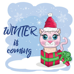 Cute cartoon cat in a Santa hat on a background of snow. Winter 2023, Christmas and Chinese New Year.