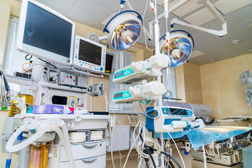 Professional medical surgery equipment. Modern hospital emergency room.