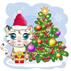 Cute cartoon cat in Santa's hat near the decorated Christmas tree. Winter 2023, Christmas and Chinese New