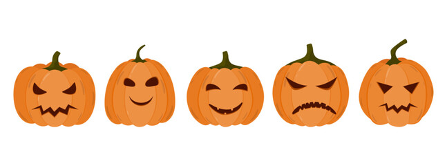 Collection pumpkin on a white background. Orange pumpkin with a smile for your Halloween design. Vector illustration.