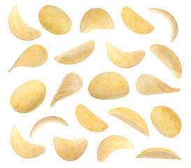 Set of fried crispy potato chips on white background