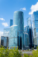 Moscow-City and Moscow-river area, Russia. modern architecture. Moscow City and skyscraper Moscow International Business Center in daytime against the blue sky with place for text