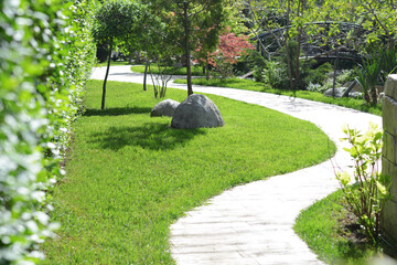 Fototapeta premium Beautiful park with green lawn, plants and walkway on sunny day