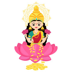 Goddess Lakshmi sitting on the lotus with of money and flowers in her hands. Vector cartoon illustration isolated on white background.