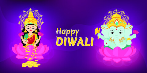 Happy Diwali. Goddess Lakshmi and God Ganesha sit on a lotus. Traditional Indian festival of lights. Vector illustration for banner or poster.