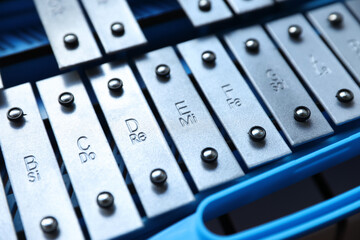 Closeup view of xylophone in light blue case