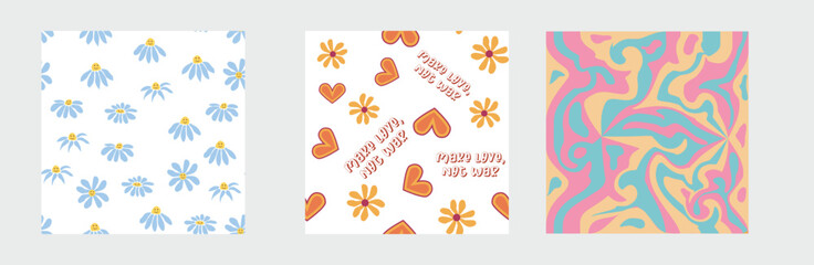 Set of retro 1970s seamless pattern. Floral, swirl, mushrooms, peace symbol, camomile, smile.