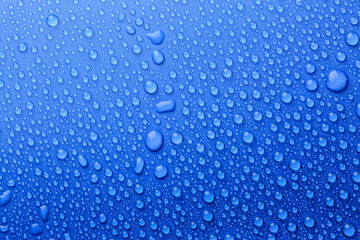 Water drops on blue background, top view